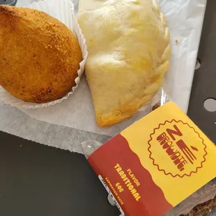 Coxinha, ham and cheese empanada, and Ze brownie