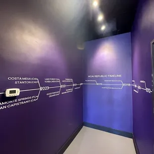 a purple wall with information on it