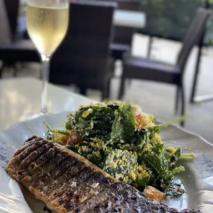 Tuscan Kale Salad w/ Branzino and Tintero, Moscato d&apos;Asti