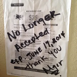 The bottom reads "This Restaurant Gift Certificate dies not expire"