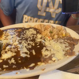 Three enchiladas beans and rice - teen son gave it 3 stars, said it didn't taste like much of anything. Good size portion