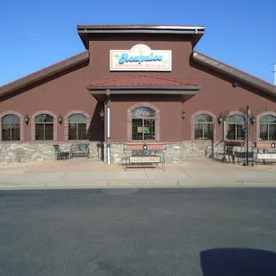 Outside of the building, view looking east.