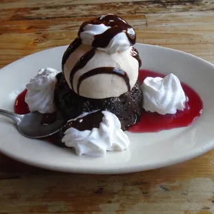 Chocolate molten cake with vanilla ice cream.