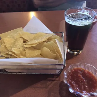 Chips and salsa with a beer