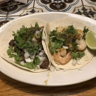Carne Asada taco and shrimp taco