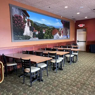 empty tables and chairs