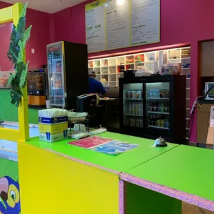 a brightly colored counter in a restaurant
