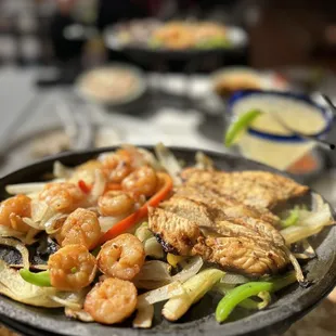 Chicken and shrimp fajitas