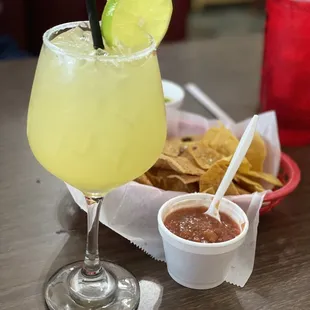 Delicious top shelf margarita and chips and salsa!
