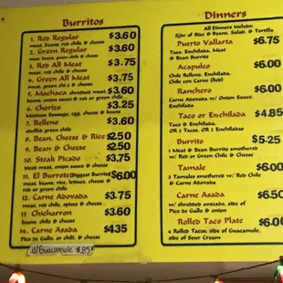 prices on the menu