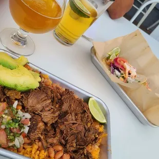 Latin bowl with Birria and Shrimp tacos.  Both excellent