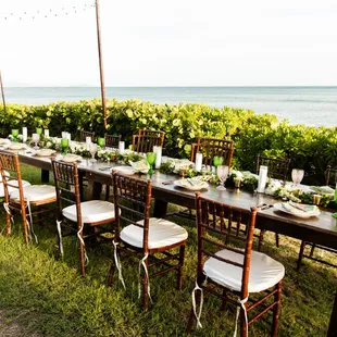 Pinterest-like table setting with rentals from Accel. Bamboo poles &amp; cafe lights were installed by the delivery guys for no extra charge.