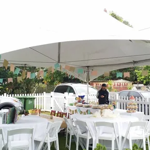 20&apos; x 20&apos; white canopy tent, white resin folding chairs, 60&apos; round banquet tables, 8&apos; kiddie table and kiddie chairs