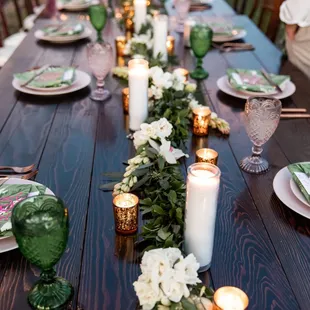Farm table, glassware, plates &amp; silverware rented from Accel