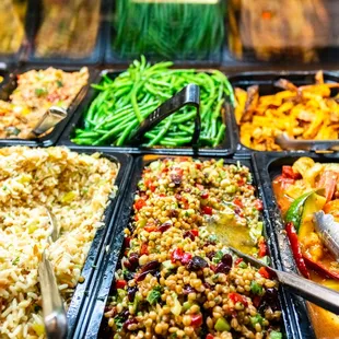 a variety of food in trays
