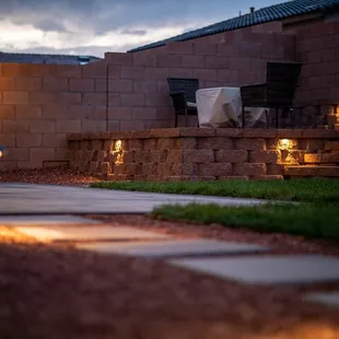 a patio area with lights