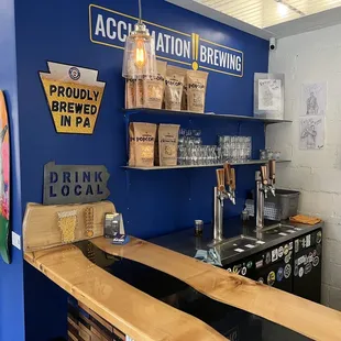 a bar with a blue wall