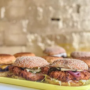 a tray of sandwiches on a table