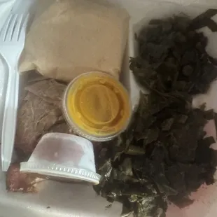 Supposed to be a brisket dinner with Mac n cheese &amp; collard greens. That is pork.....