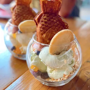 Taiyaki Ice Cream Waffle with matcha lemon and passion fruit coconut ice cream