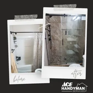 We removed this outdated fiberglass tub and shower surround, repaired the drywall, added floor to ceiling tile, and a new sliding glass show