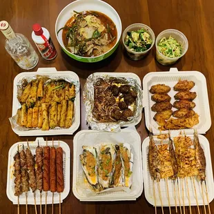 Backstrops of bull, Chicken Gristle, Lamb, Yellow Croaker, Sausage, Coriander roll, Tofu, Lamb kidney  Chicken wing, Oyster, Octopus