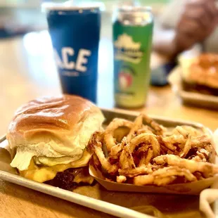 Ace's Burger. Onion Straws. Sweet Tea. Sycamore Mango Cider