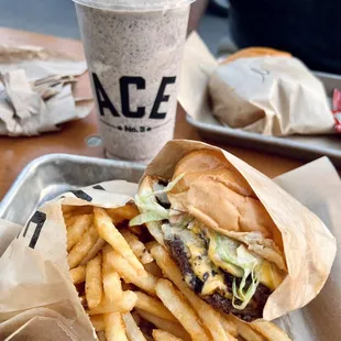 The "Ace" burger added lettuce and tomato, fries and cookies and cream milkshake