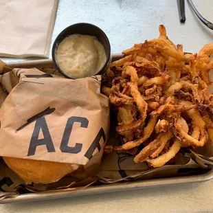 Burger and onion straws.
