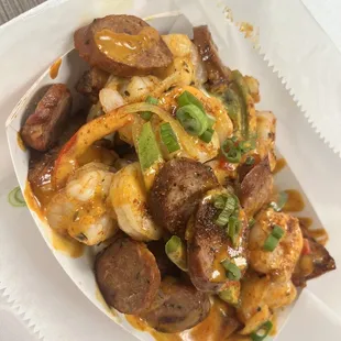 Stuff shrimp and sausage potato