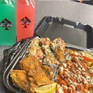 Lemon pepper, garlic butter ranch wings with elote fries and two of the signature AceAides.