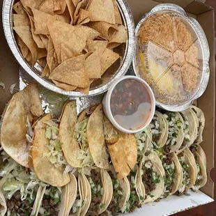 Taco box with rice and beans, chips n salsa, and 20 tacos. Price went up $5. Now $44.99 as of 4/2021