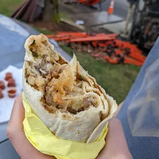 a person holding a burrito