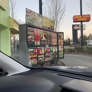 a drive thru menu in a car