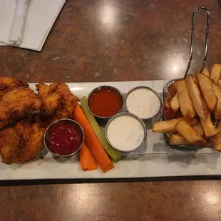Chicken Fingers and Fries. Buffalo, Ranch, Ketchup dipping sauce