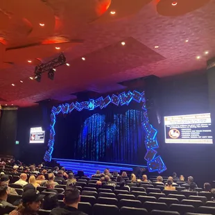 a stage with a stage curtain and a stage with people in it