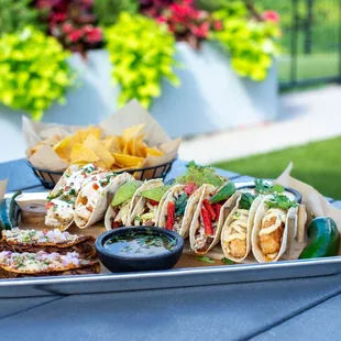 The Taco Experience: Our Taco Platter with 10 Tacos (2 of Each Kind) + Queso Blanco + Small Batch Guacamole + Housmade Tortilla Chips