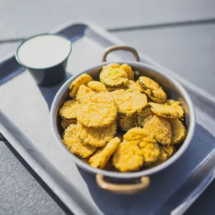 Handcut Fried Pickles (V): Flash Fried, Handcut Kosher Dill Pickles + Jalapeño Ranch Dipping Sauce