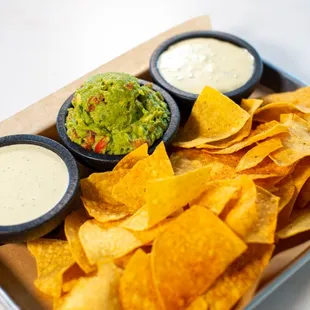 Chips &amp; Dips Platter (V): Queso Blanco + Guacamole + Jalapeño Ranch Dip + Housemade Tortilla Chips