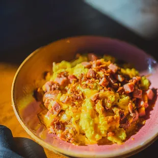 The Pigasso: Scrambled Eggs + Cheddar Cheese + Ham + Diced Bacon + Breakfast Potatoes
