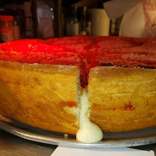 Chicago style Stuffed pizza. 3 inches tall. So stuffed it Takes an hour to prepare and cook!