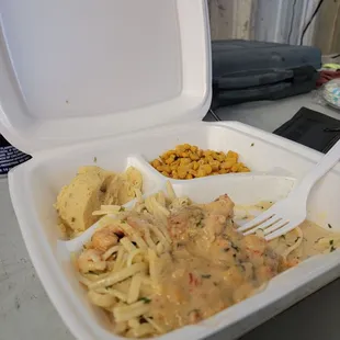 Shrimp Fettuccine with potato salad and corn