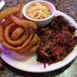 Pork BBQ, Mac n Cheese and Onion rings
