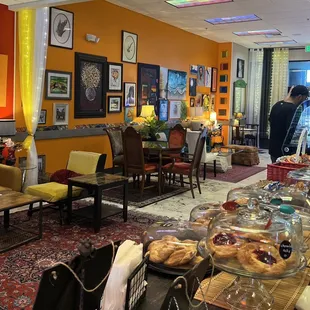 Desserts, and one of several seating areas.