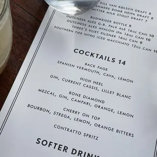 Cocktail menu