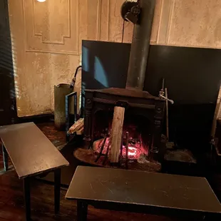 a wood burning stove in a living room