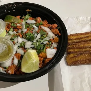 Achiote Classic Bowl with Al Pastor and Churros