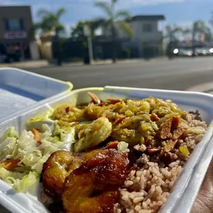 Plantain Rice and Red Peas Steam Cabbage Curry Shrimp