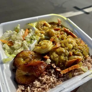 Steamed Veggies Curry Shrimp Plantain Rice and Red Peas