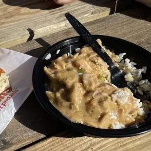 Chicken pot pie on rice